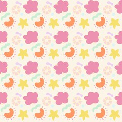A colorful and playful pattern featuring flowers, abstract shapes, and circular designs in pastel colors. The background is light cream, with pink, yellow, orange, and green elements.