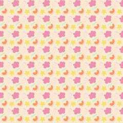 A colorful and playful pattern featuring flowers, abstract shapes, and circular designs in pastel colors. The background is light cream, with pink, yellow, orange, and green elements.