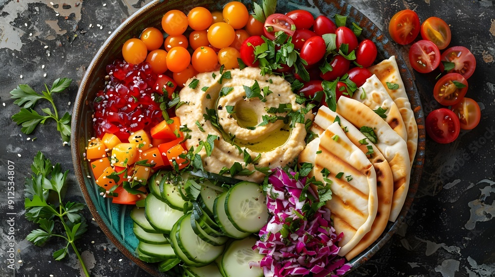 Canvas Prints A colorful bowl of vegetables and hummus