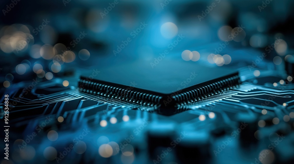Poster a microchip is prominently featured among intricate circuitry, illuminated with blue lighting, creat