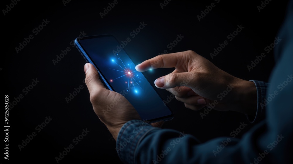 Poster a person interacts with a smartphone displaying a dynamic, glowing interface, exploring advanced tec