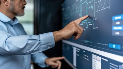 A professional engineer examines complex data visualizations on a large digital screen while strategically pointing at critical information in an office setting