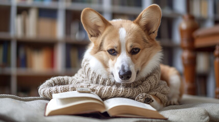 Naklejka na ściany i meble A corgi wearing a knit sweater is reading an open book, with a cozy home library setting in the background. The mood is intellectual and homey, pet lifestyle, reading, and winter coziness.