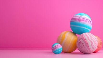 Fototapeta premium Colorful decorative balls with swirling patterns are creatively arranged against a vibrant pink background, creating an eye-catching focal point in an artistic indoor setting