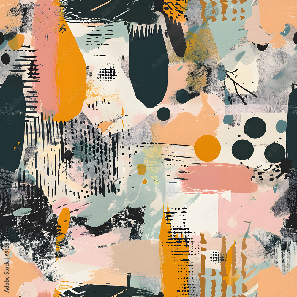 Poster abstract seamless pattern featuring brush strokes and geometric shapes