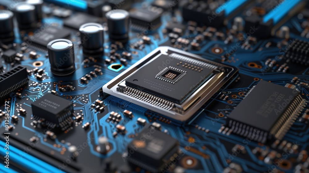 Poster a close-up view of a microprocessor prominently featured on a circuit board, showcasing intricate co