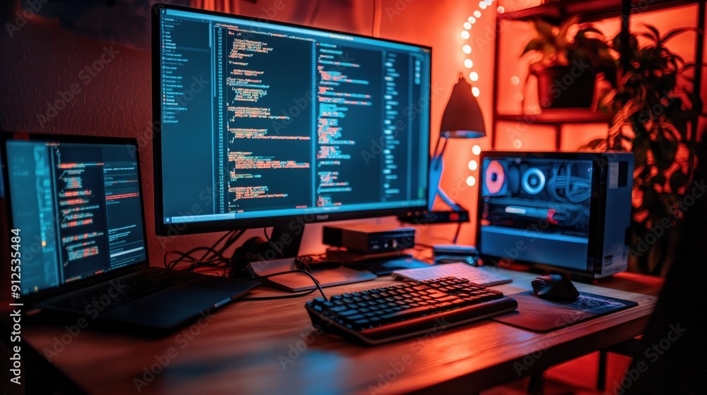 Poster a modern workspace features multiple monitors displaying code, a keyboard, and decorative plants ill
