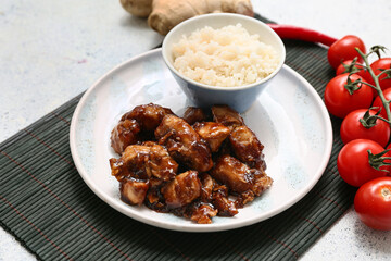 Tasty sweet and sour chicken with rice in plate, mat and tomatoes on blue grunge background, closeup