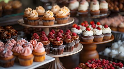 A display of cupcakes with different flavors and toppings, including chocolate