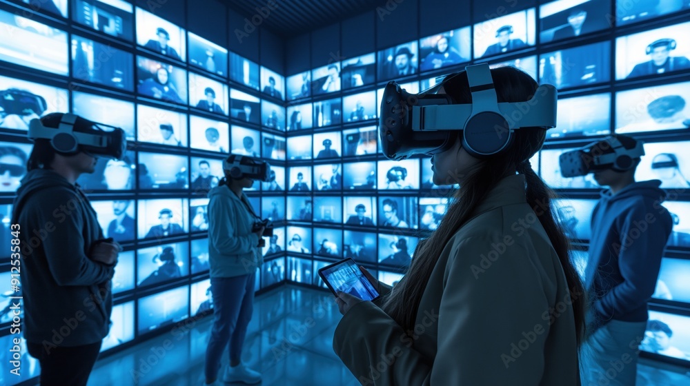 Poster a group of individuals wearing virtual reality headsets interactively exploring digital environments