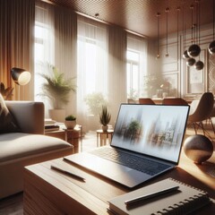 Fototapeta premium modern living room with a laptop on a table