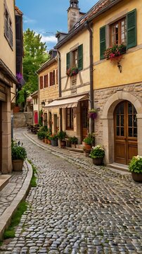Fototapeta Quaint european village cobblestone streets and o