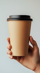 A close-up of a hand holding a disposable coffee cup with a black lid against a neutral background.