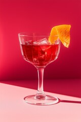 A crystal glass with a vibrant red cocktail, garnished with an orange peel, placed against a red background.