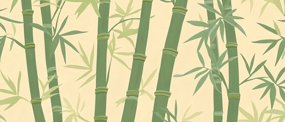 Bamboo border, muted greens, flat design, repeating pattern