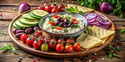 Vibrant Greek hummus platter overflowing with fresh cucumbers, Kalamata olives, cherry tomatoes, crumbled feta cheese, thinly sliced red onions, and sprigs of thyme on rustic wood.
