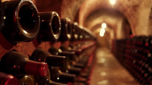 A myriad of bottles in the traditional rustic wine cellar underground.
