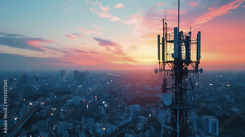 Poster background image shows a 5g global network technology communication antenna tower for wireless high 