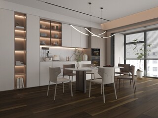 Interior of a modern white kitchen featuring a dining are with wooden flooring, a white storage cabinet, a white marble table for dining, and a grey sofa chair, hanging chandelier above. 3D Rendering