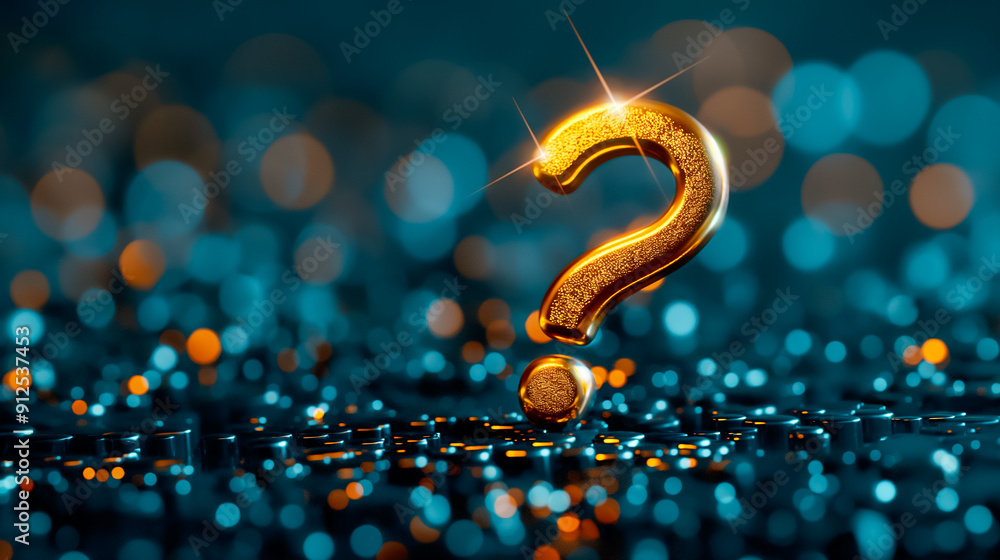 Poster beautifully illuminated question mark stands out against an abstract blue background, enhanced with 