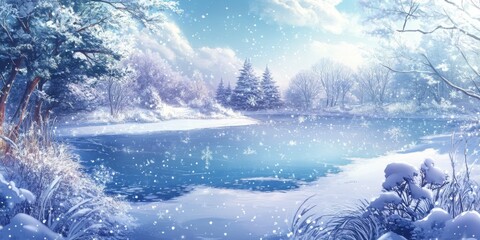 Fototapeta premium Winter's Tranquil Embrace: A High-Resolution Hand-Drawn Illustration Capturing the Peaceful Aspects of Nature in Snow, with Precision and Gentle Warmth in Anime Style