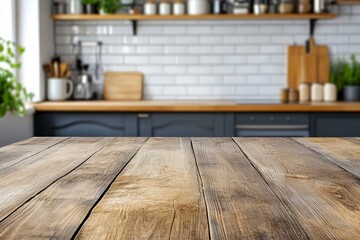 Beautiful natural wooden table with kitchen background, ai