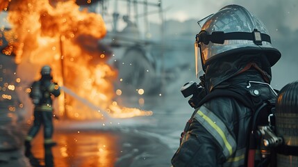 Obraz premium Firefighter training., fireman using water and extinguisher to fighting with fire flame in an emergency situation., under danger situation all firemen wearing fire fighter suit for safety.