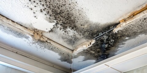 Close-up of black mold spreading on a ceiling, with fuzzy patches of toxic growth creeping across the surface, indicating water damage and neglect.