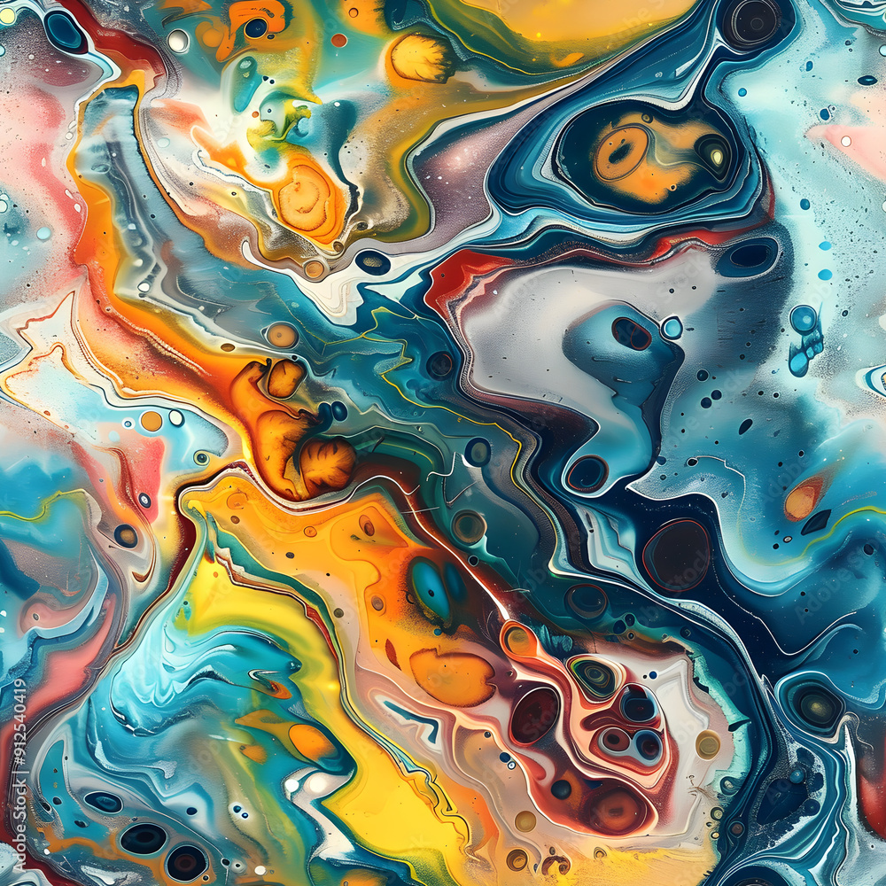 Poster Colorful abstract pattern showing fluid acrylic painting technique