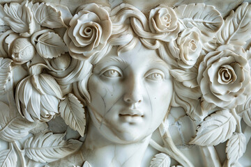 Marble bust of a woman with flowers around her neoclassicism sculpture generative ai