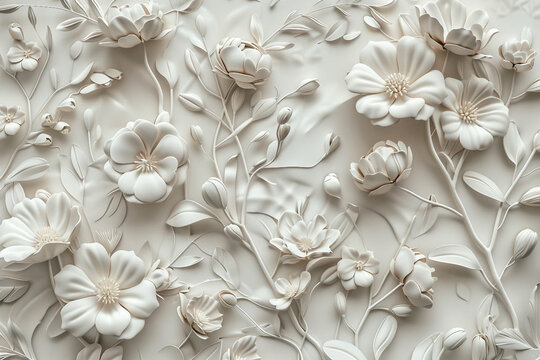 AI generated illustration an intricate white bas-relief sculpture of flowers on a wall