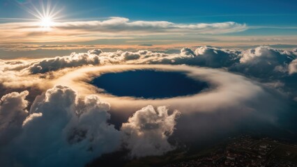 Fototapeta premium A view of a hole in the clouds above some sun, AI