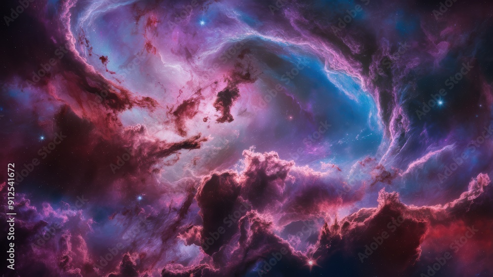 Poster a nebula in space with purple and blue clouds, ai