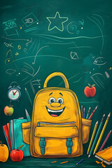 Back to school.On the background of a green blackboard there are school supplies: a funny backpack, a globe, an alarm clock. the process of education, gaining new knowledge and learning. vertical
