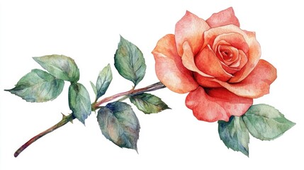 Fototapeta premium Elegant and Romantic Watercolor of a Delicate Rose Flower in Soft Pink and Red Colors Isolated on a Clean White Background for Floral Designs and
