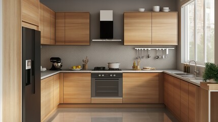 Fototapeta premium Modern kitchen design featuring wooden cabinets, sleek appliances, and a bright atmosphere.
