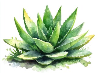Fototapeta premium Soothing Aloe Vera Watercolor Clipart for Natural Wellness Design Featuring a minimalist green succulent plant icon with fresh leaves on a white background perfect for skincare spa