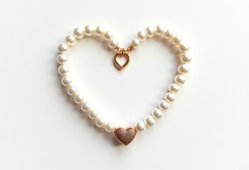 Obraz premium Elegant Pearl Necklace with Heart-Shaped Clasp - Minimalist Jewelry Design on White Background