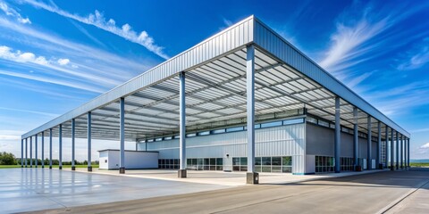 Modern industrial warehouse with a sprawling metal roof and sleek silver framework, surrounded by a vast open space and a clear blue sky.