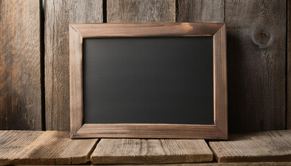 Empty blackboard with wooden frame on old wooden background. Mock-up. Close-up.