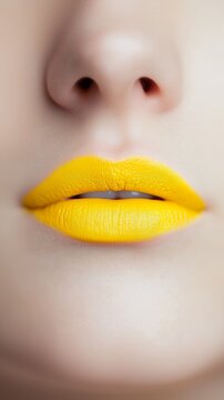 High-resolution macro shot of vibrant yellow lipstick on lips, showcasing smooth texture and bold color for beauty themes.