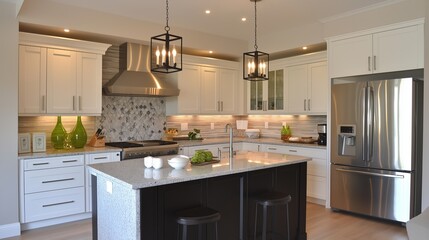 Fototapeta premium A modern kitchen featuring sleek cabinetry, stainless steel appliances, and stylish pendant lighting over a central island.
