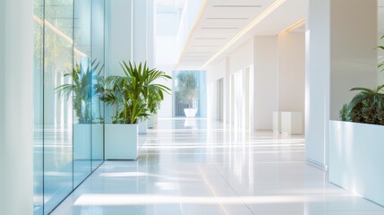 Fototapeta premium An expansive office with minimalistic design and ample natural light, conveying a sense of business success and prominence in a modern corporate environment.