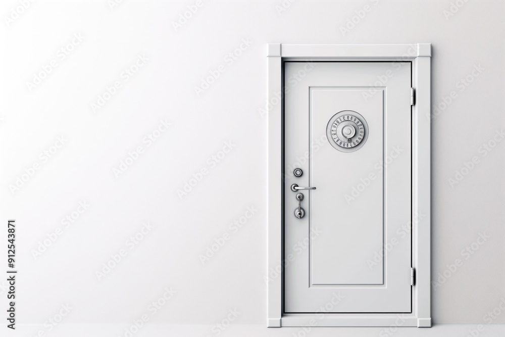 Poster simple outline of a safe door with a combination dial, set against a plain, white background with co