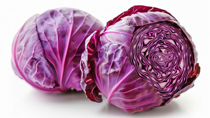 Fototapeta premium Two heads of vibrant red cabbage resting on white background