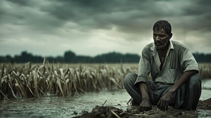 Sad Indian farmer sitting in field, farm filled with excessive rain water
