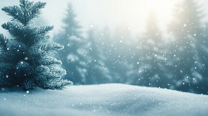 Cozy Winter Scene Background with Softly Falling Snow and Blurred Pine Trees, Creating the Perfect Christmas-Themed Visuals