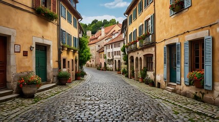 Quaint european village cobblestone streets and o