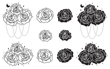 Set moon with roses, line minimalistic vector boho art