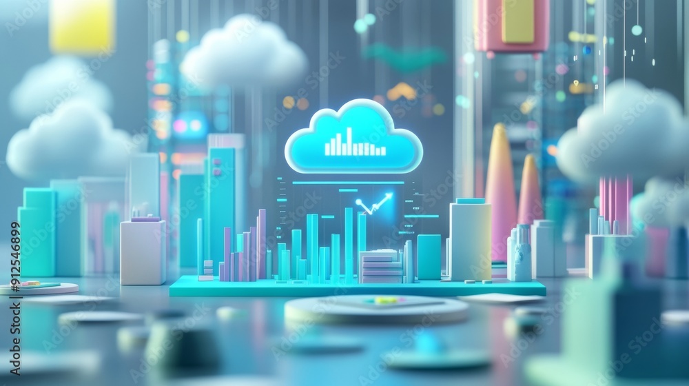 Poster a cityscape with a cloud symbolizing a cloud storage system